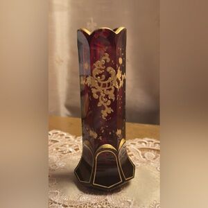 Vintage Ruby Red and Gold Glass Decorative Vase